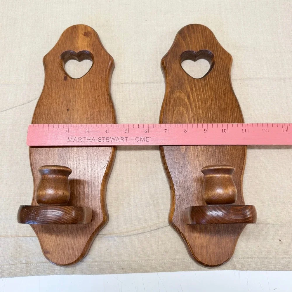 Vintage Wood Wall Sconce Candle Holder Pair Heart Cutout Country Farmhouse Brown